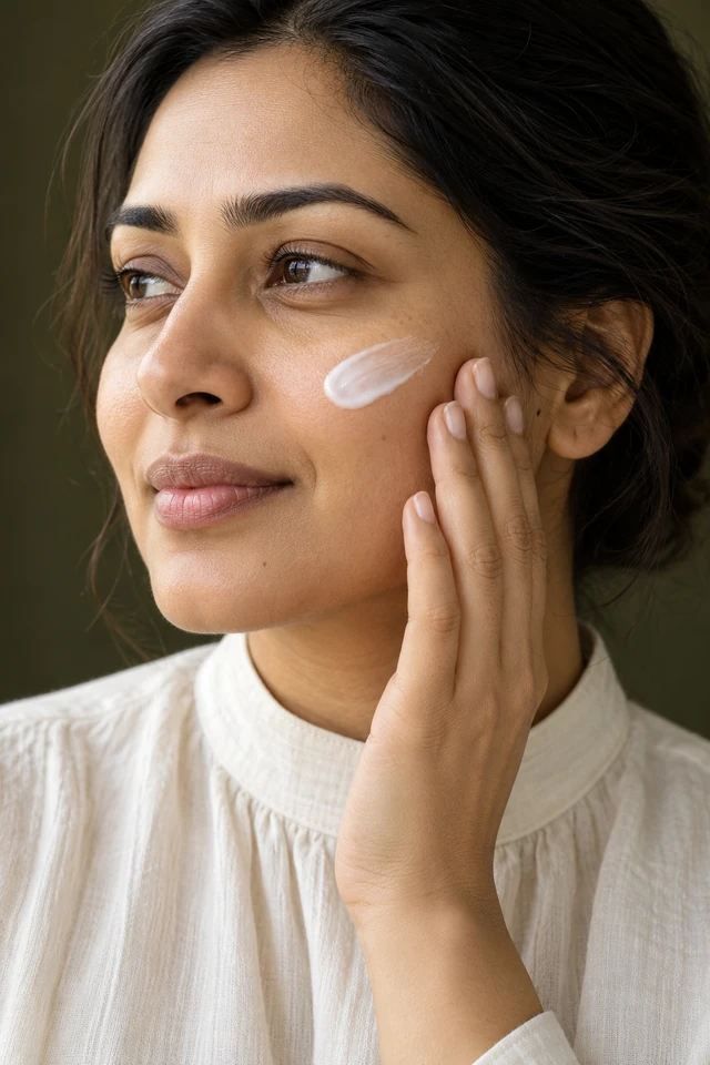 A delicate touch of moisturizer on a woman's cheek