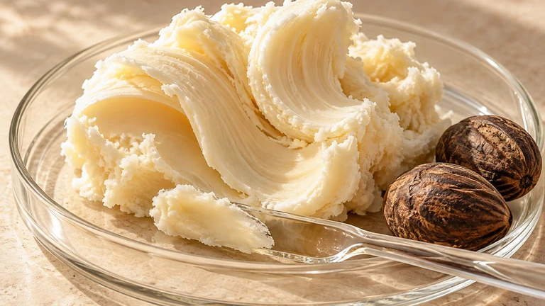 Ivory shea butter curls with shea nuts and a glass spatula