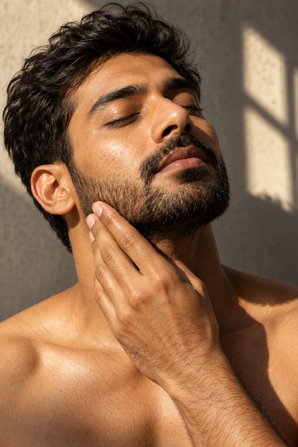 A man gently caring for his beard in warm afternoon light