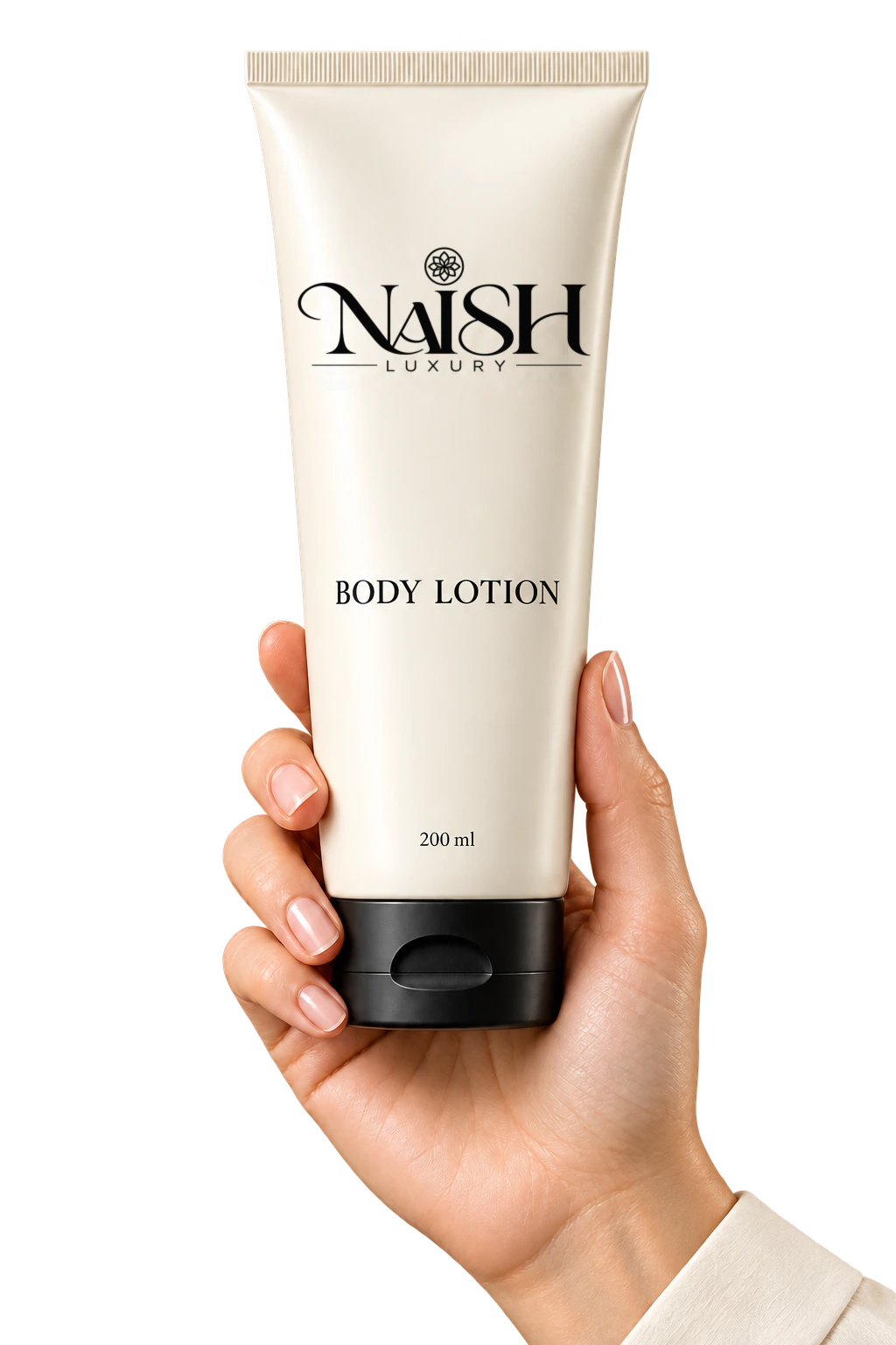 Naish Luxury Body Lotion held upright in a hand