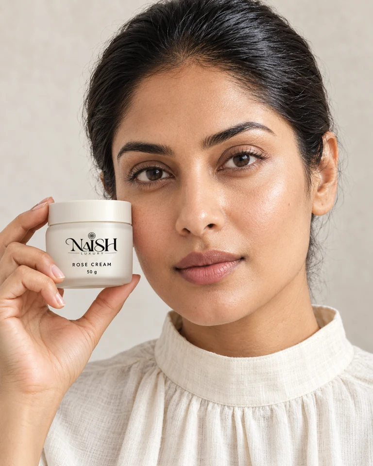 A woman holding Naish Luxury Rose Cream beside her cheek