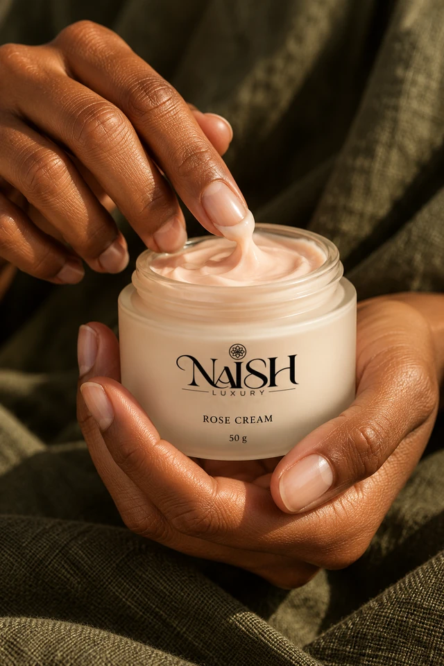 Hands holding an open jar of Naish Luxury Rose Cream
