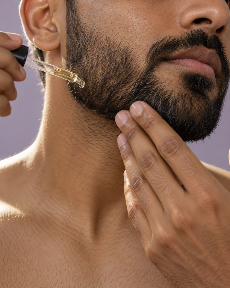 A man smoothing oil through his beard