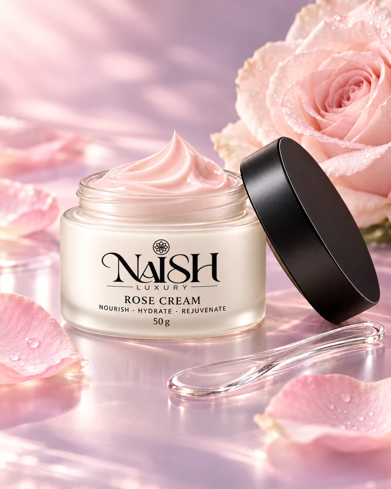 Naish Rose Cream with rose petals and a glass spatula