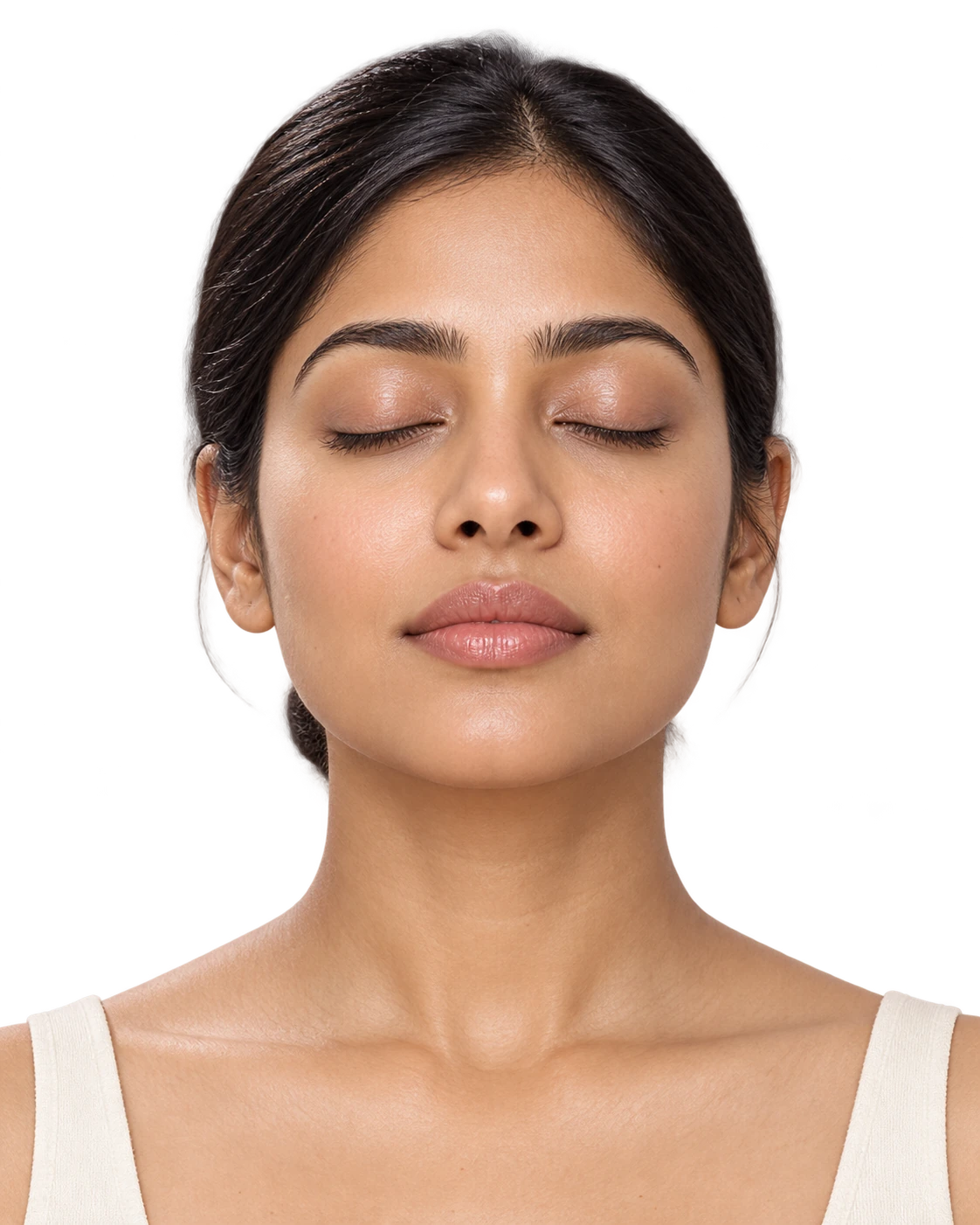 A woman with eyes gently closed for the Naish skincare routine illustration